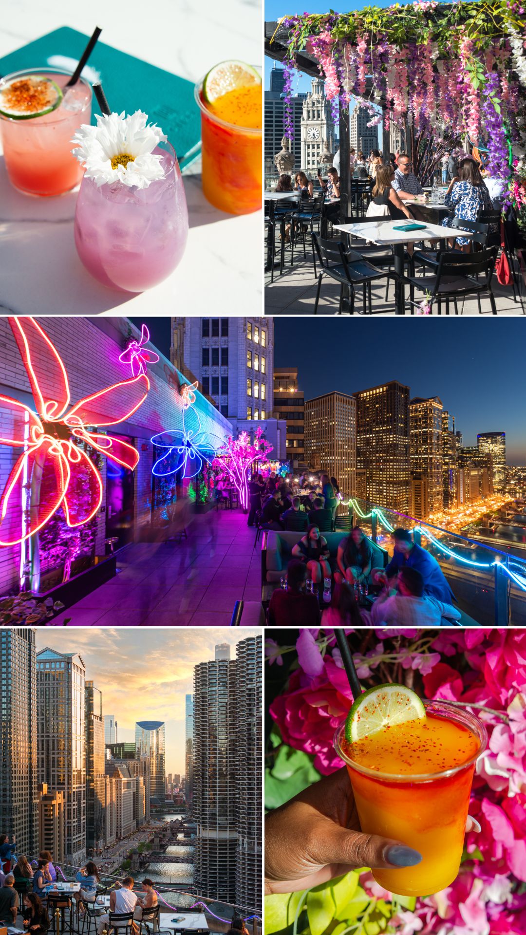 Illuminated floral decor at LH Rooftop during Luminescence 2026 season Aerial view of LH Rooftop bar at LondonHouse Chicago overlooking the Chicago River